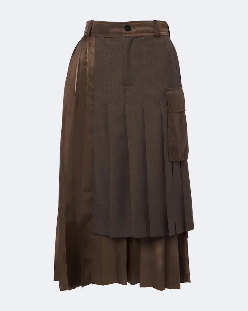 Sacai Gonna midi plissé con lana Marrone