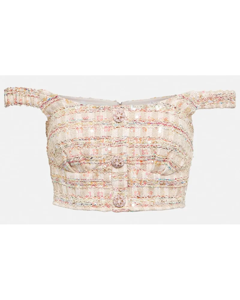 Self-Portrait Top cropped in bouclÃ© con paillettes Rosa