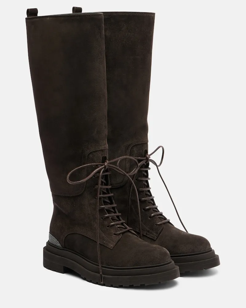 Brunello Cucinelli Stivali stringati Monili in suede Marrone