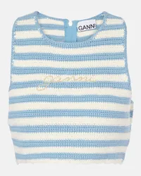 Ganni Top cropped in crochet di cotone a righe Blu