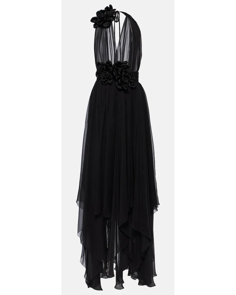 Dolce & Gabbana Abito lungo in chiffon di seta con applicazione floreale Nero