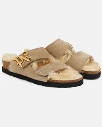 Palm Angels Sandali in suede con pelliccia sintetica Beige