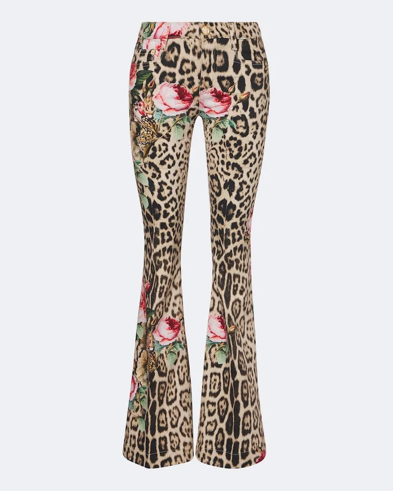 Roberto Cavalli Jeans flared con stampa leopardata e floreale Beige