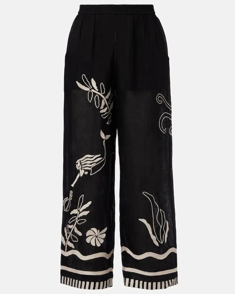 Eres Pantaloni Octopus in lino con ricamo Nero