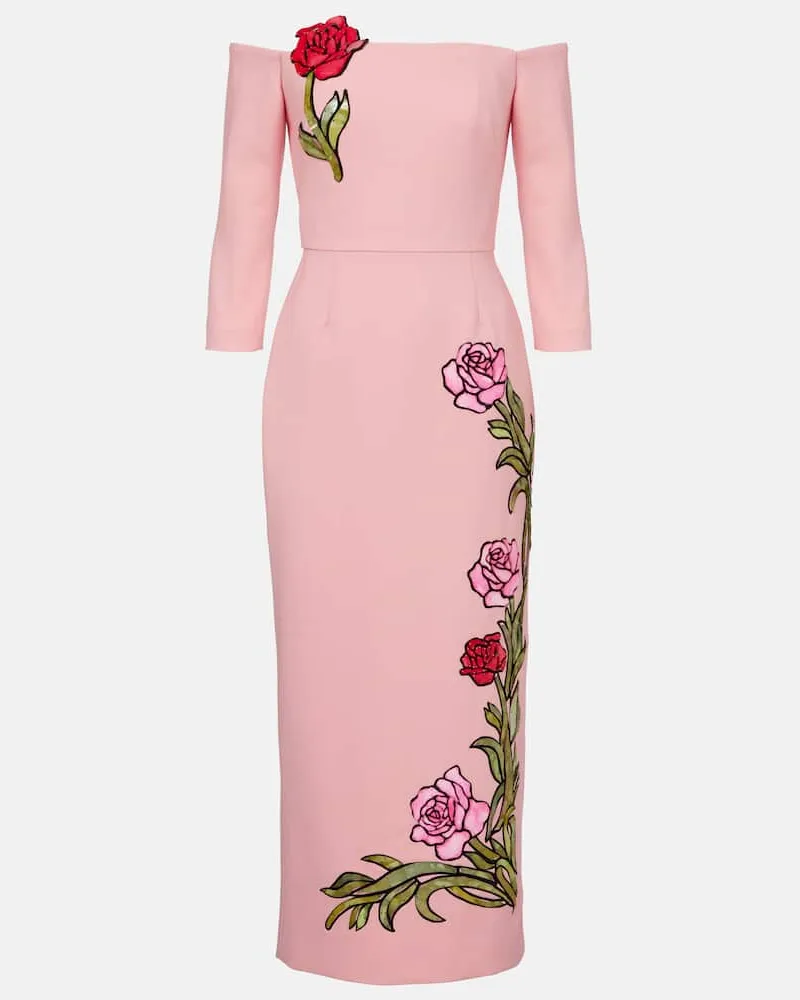 Oscar de la Renta Abito midi in misto lana con ricamo Rosa