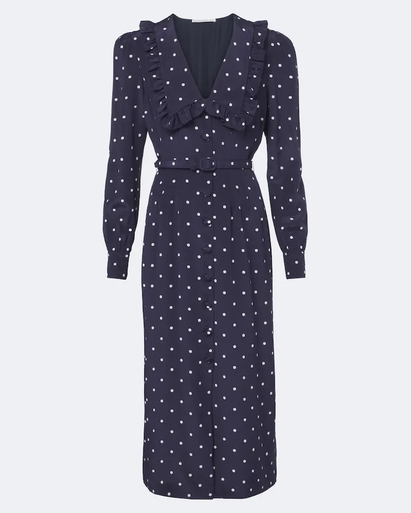 Alessandra Rich Abito midi in seta a pois con cintura Blu