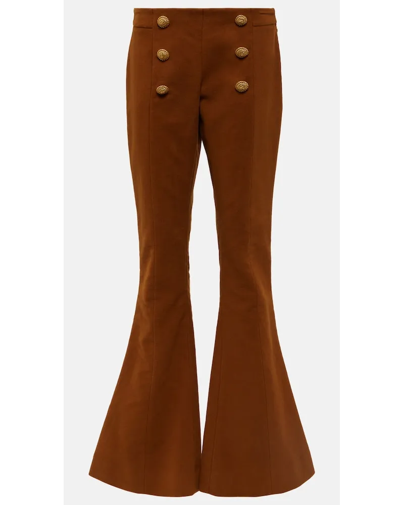 Balmain Pantaloni flared in cotone a vita bassa Marrone
