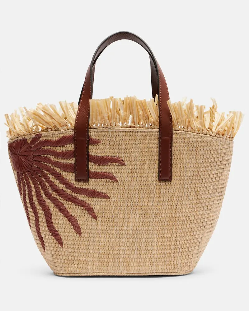 FARM Rio Borsa Basket Small con frange e pelle Beige