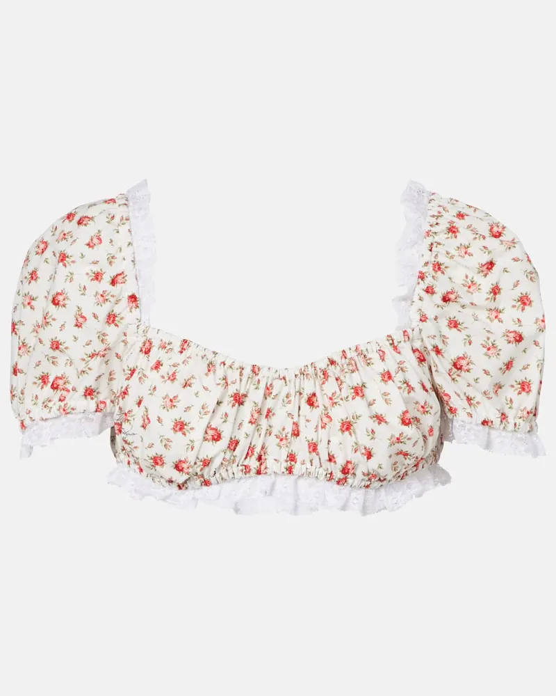 Dolce & Gabbana Top cropped in popeline di cotone con pizzo a fiori Bianco