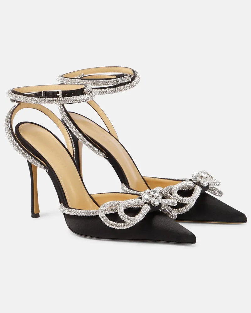 Mach & Mach Pumps Double Bow in raso con cristalli Nero