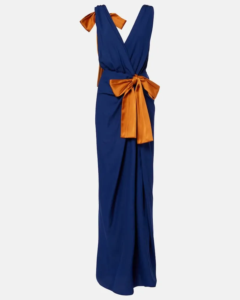 Saint Laurent Abito lungo in raso di seta con fiocco Blu