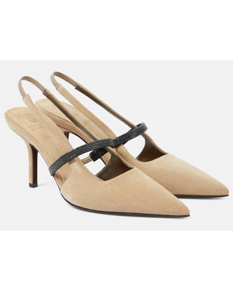 Brunello Cucinelli Pumps slingback in suede con monili Marrone