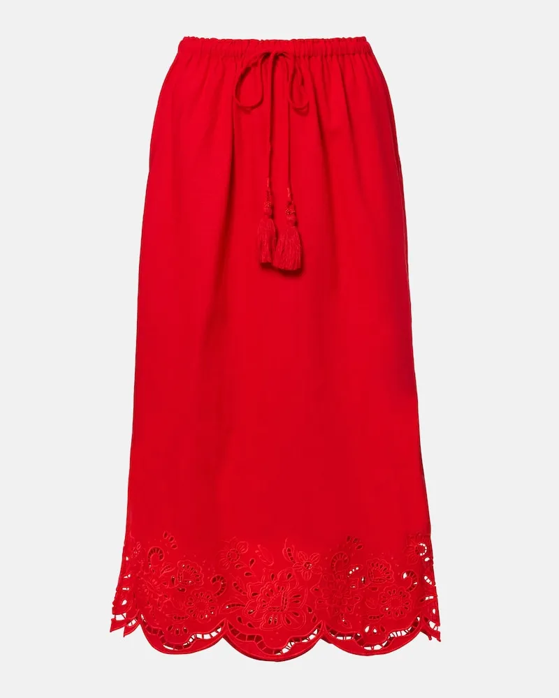 FARM Rio Gonna midi in misto lino con ricamo sangallo Rosso