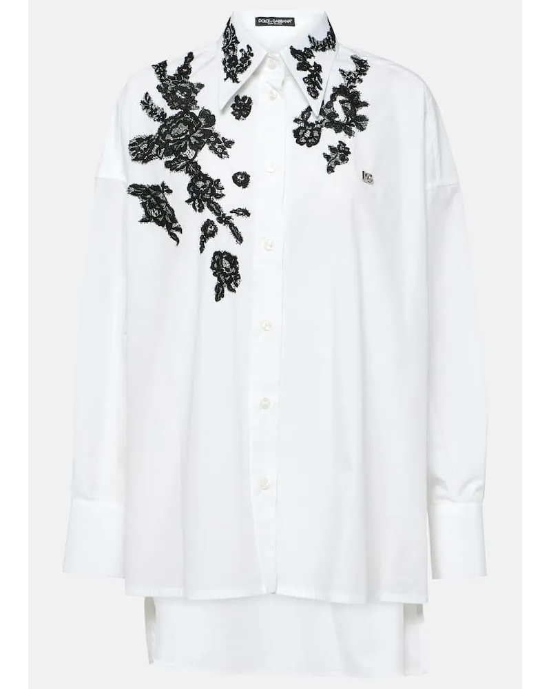 Dolce & Gabbana Camicia in popeline di cotone con pizzo Bianco