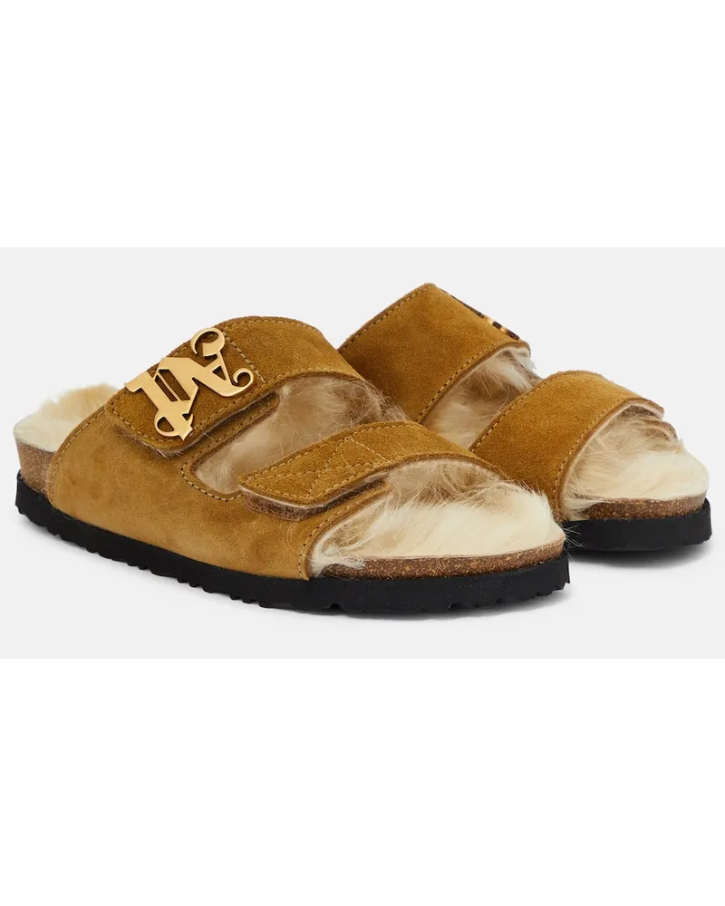 Palm Angels Sandali in suede e shearling Beige
