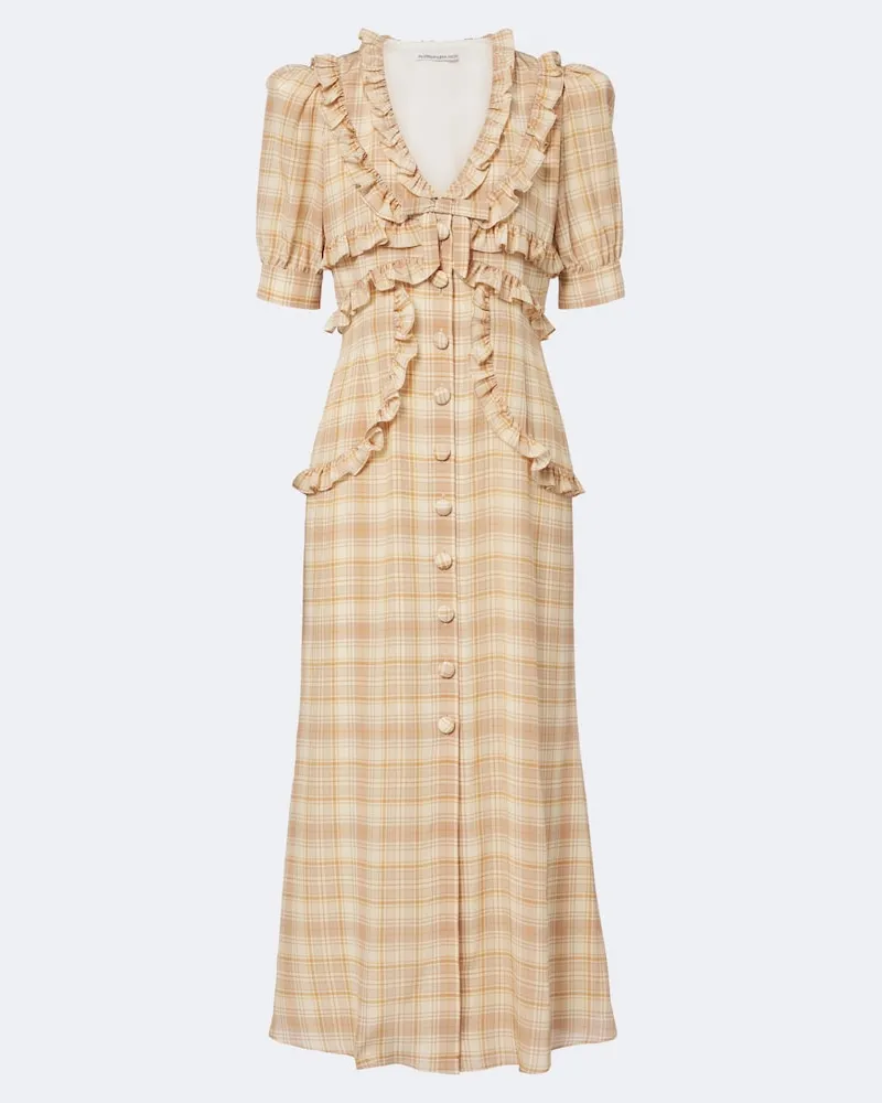 Alessandra Rich Abito midi in seta a quadri con volant Beige