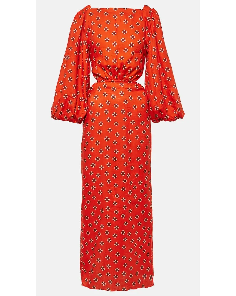 Johanna Ortiz Abito midi in lino con stampa Rosso