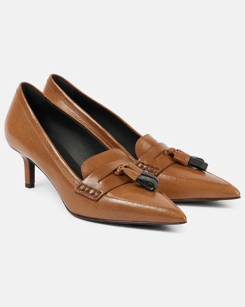 Brunello Cucinelli Pumps mocassino in pelle con monili Marrone