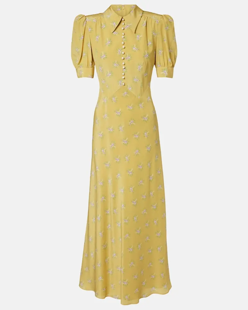 Alessandra Rich Abito midi in seta con stampa floreale Giallo
