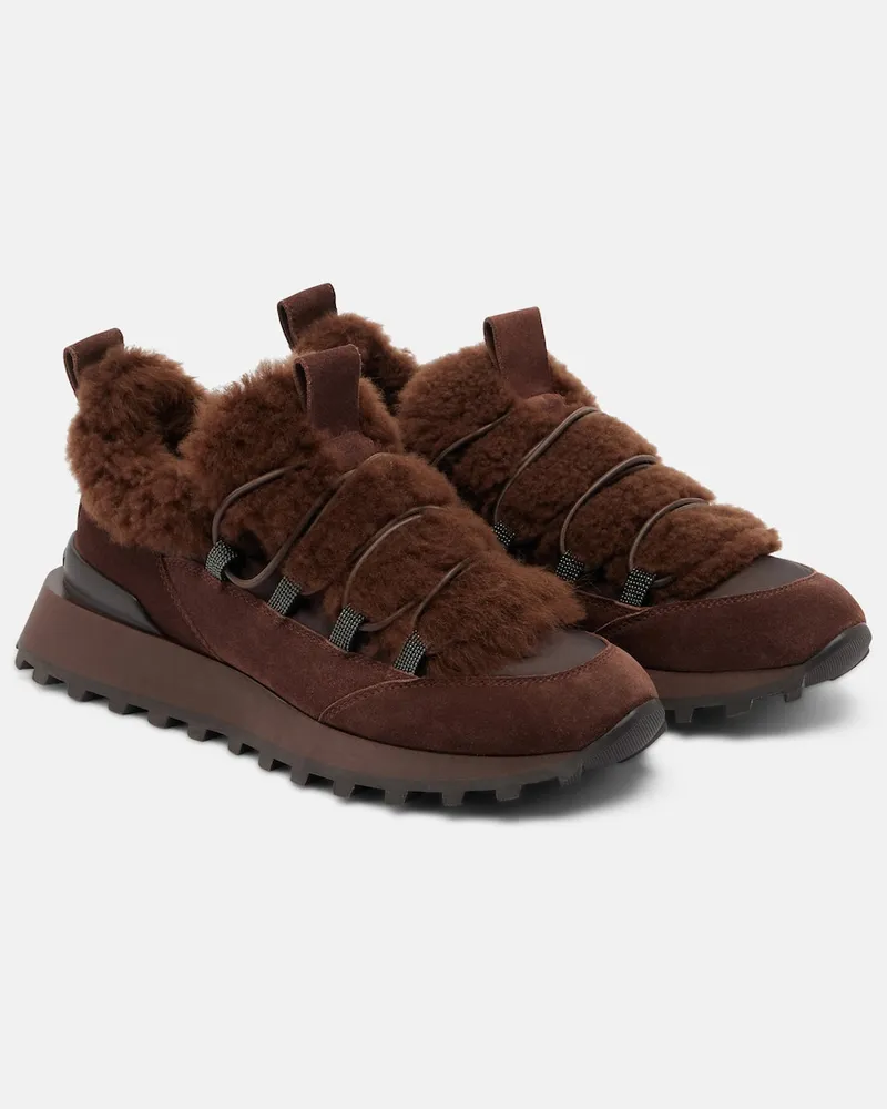 Brunello Cucinelli Sneakers in suede con shearling e Monili Marrone