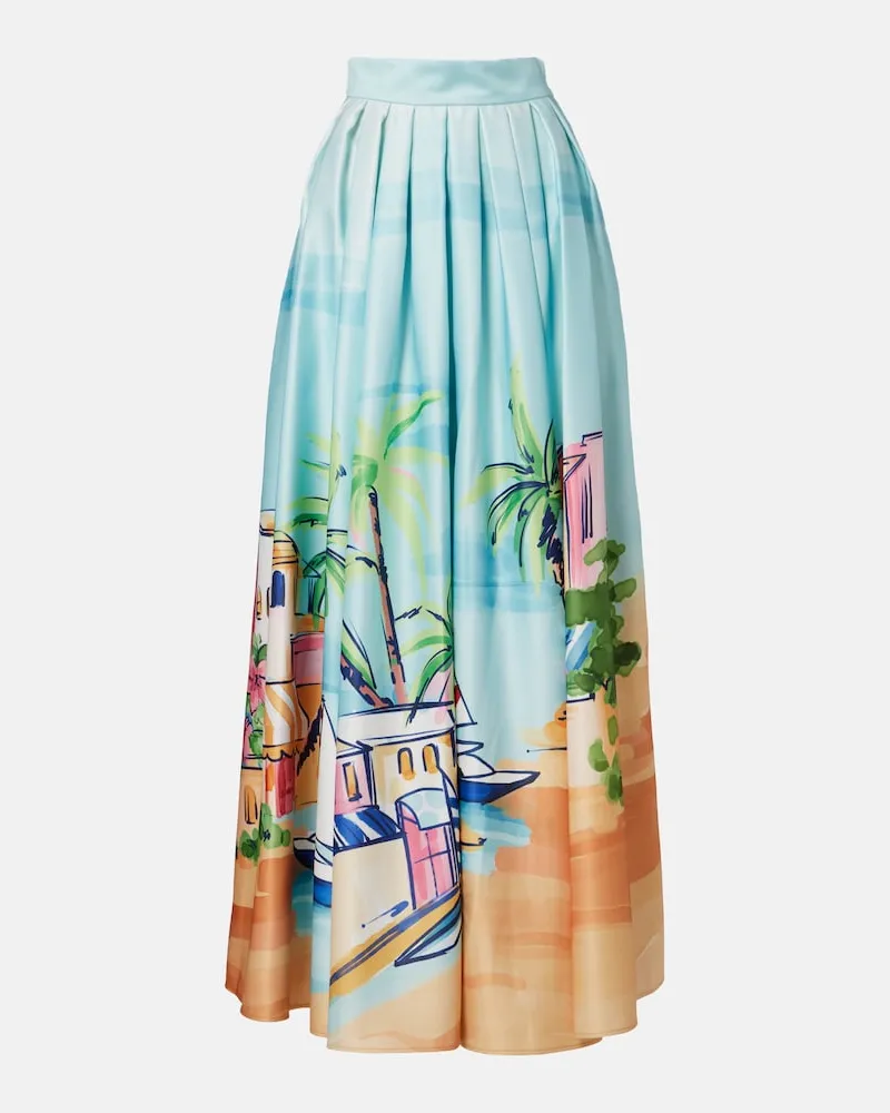 LEO LIN Gonna lunga in raso con stampa Blu