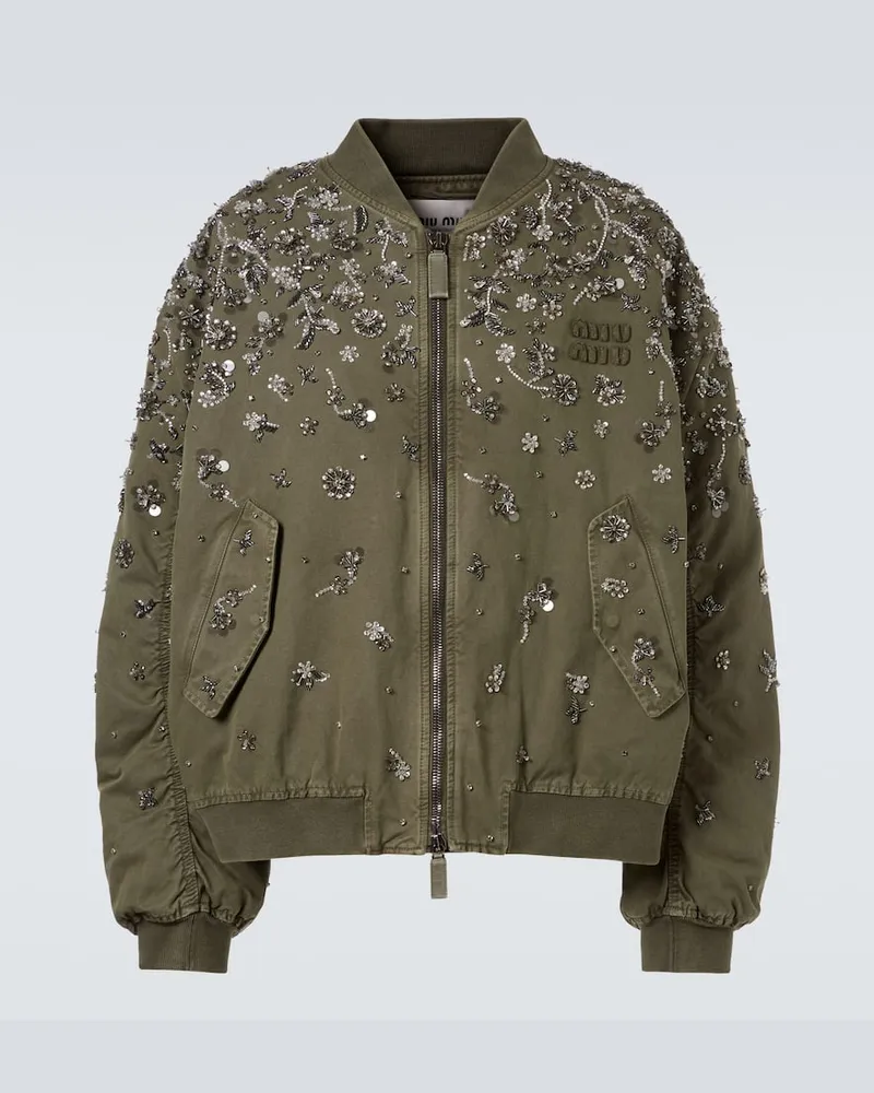 Miu Miu Bomber in gabardine di cotone con paillettes Verde