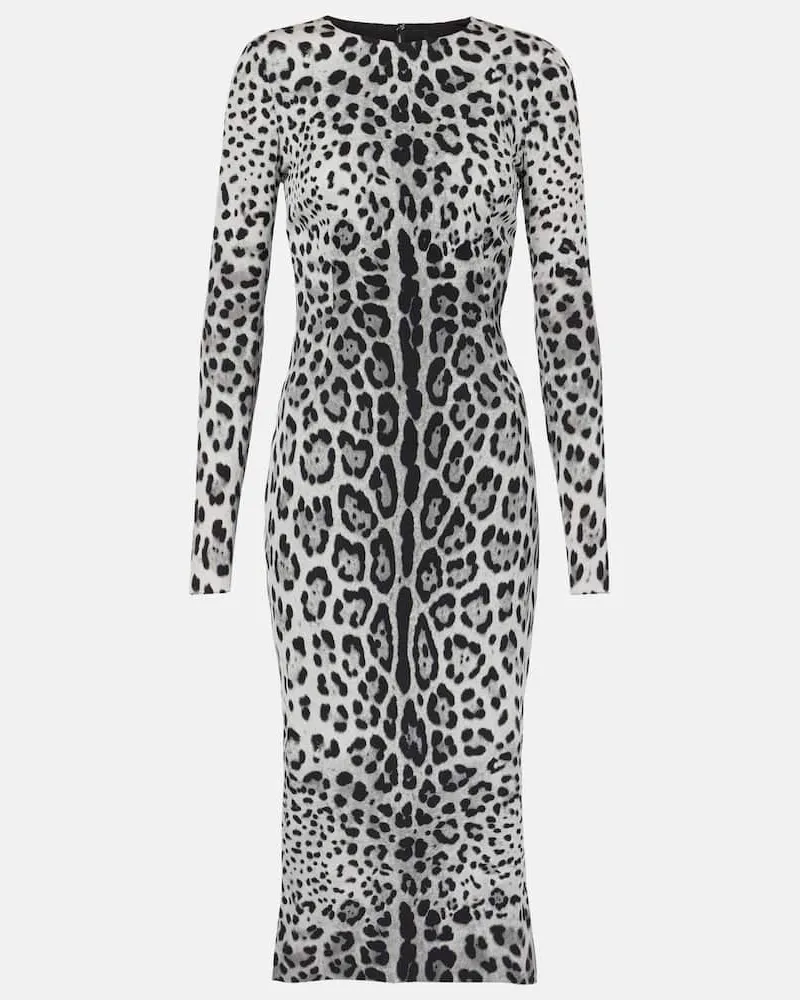 Dolce & Gabbana Abito midi in misto seta con stampa leopardata Grigio