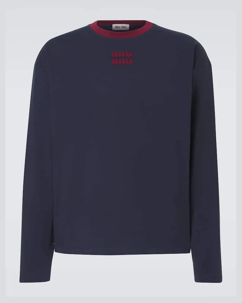 Miu Miu T-shirt in jersey di cotone con logo Blu
