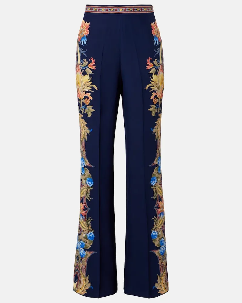 Etro Pantaloni regular in seta con stampa floreale Blu