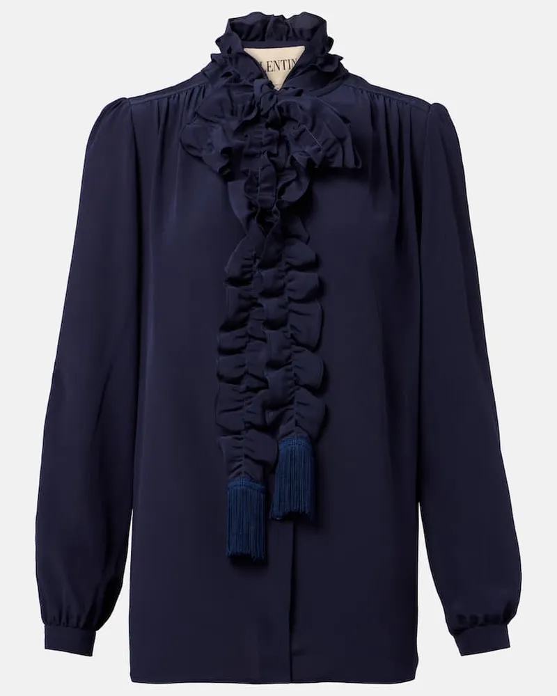 Valentino Garavani Blusa in crÃªpe de chine di seta con volant Blu