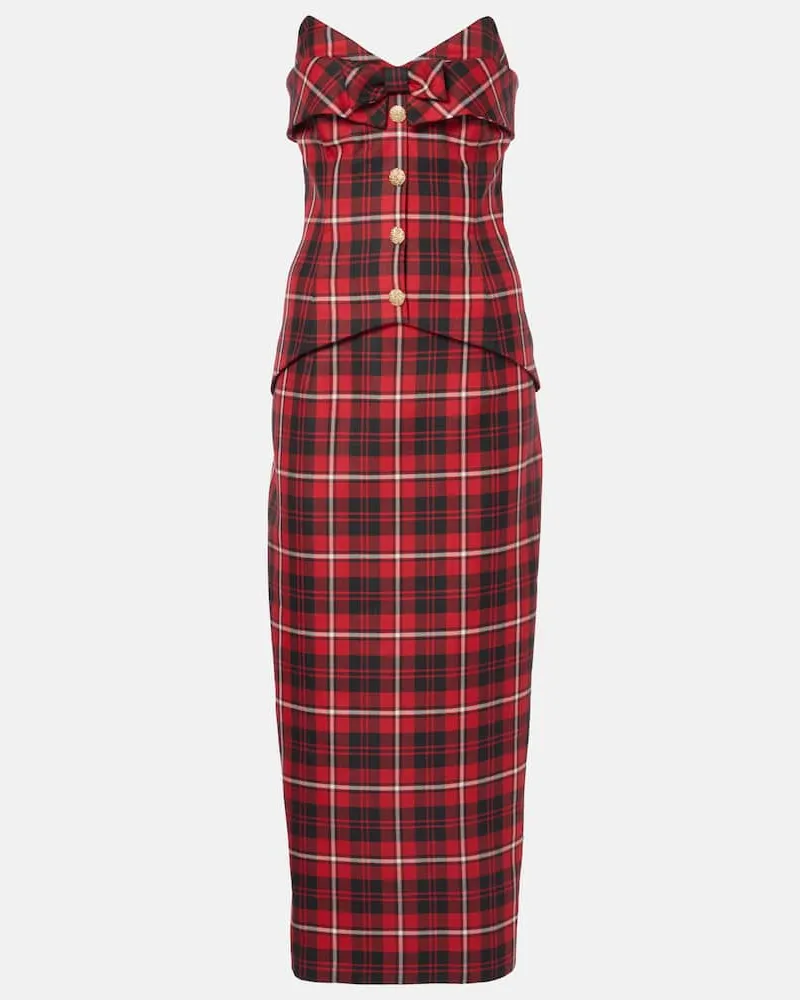 Alessandra Rich Abito midi in tartan di lana Rosso