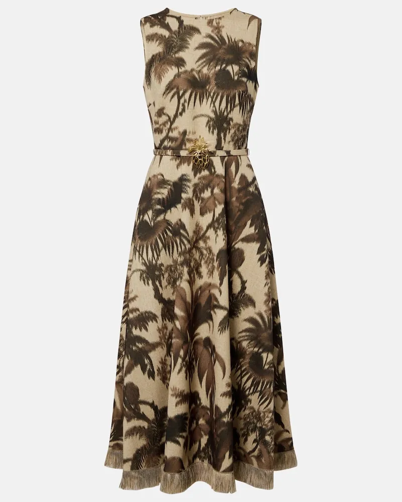 Oscar de la Renta Abito midi con stampa e frange Beige