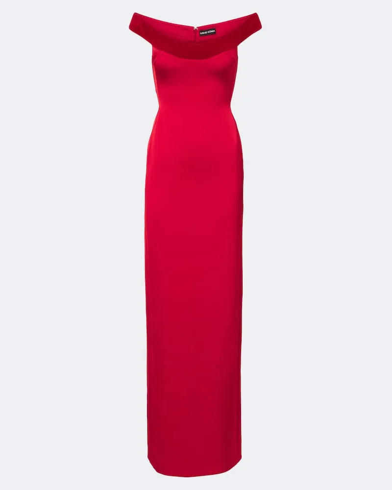 David Koma Abito lungo off-shoulder in raso con velluto Rosso