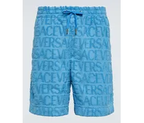 Versace Shorts in jacquard di cotone con logo Blu