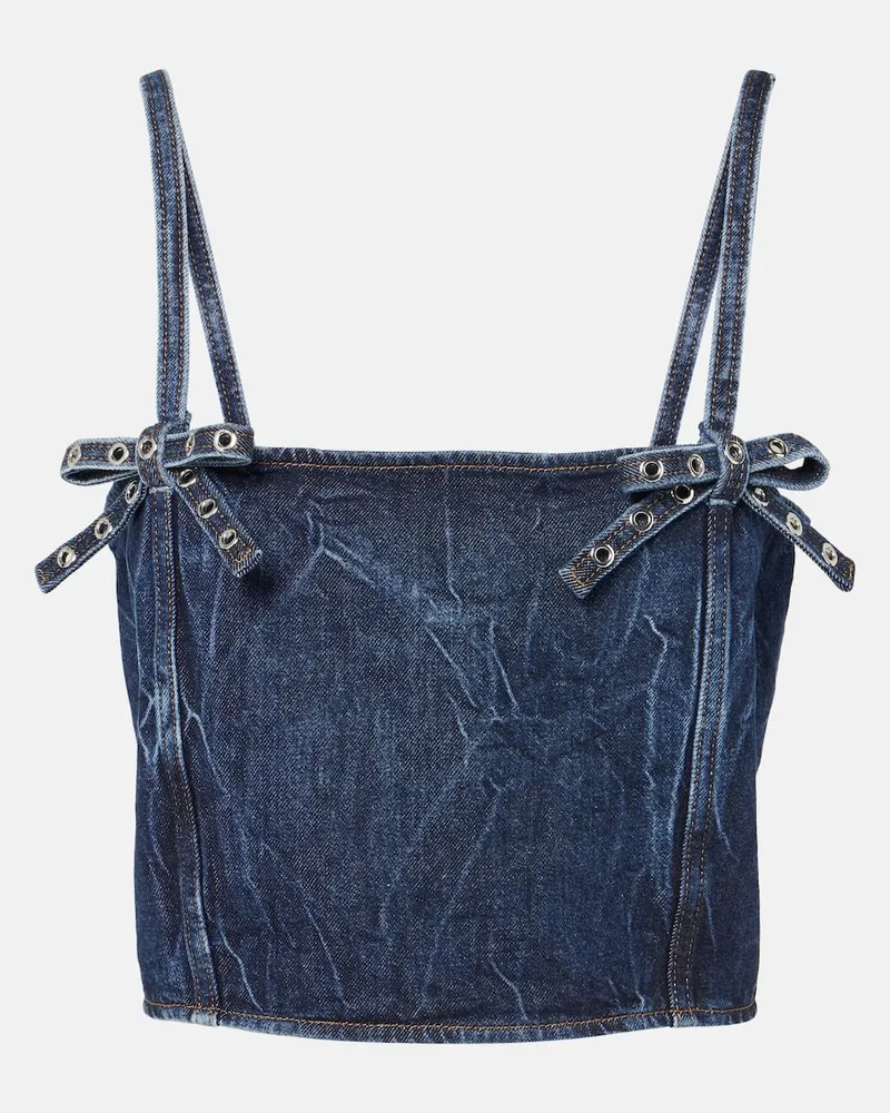 Ganni Top cropped di jeans con fiocco Blu