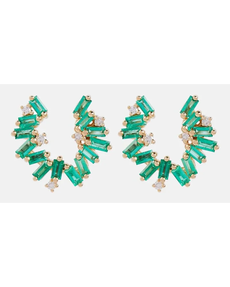 Suzanne Kalan Orecchini Izzy Sideway Spiral in oro 18kt con diamanti e smeraldi Verde