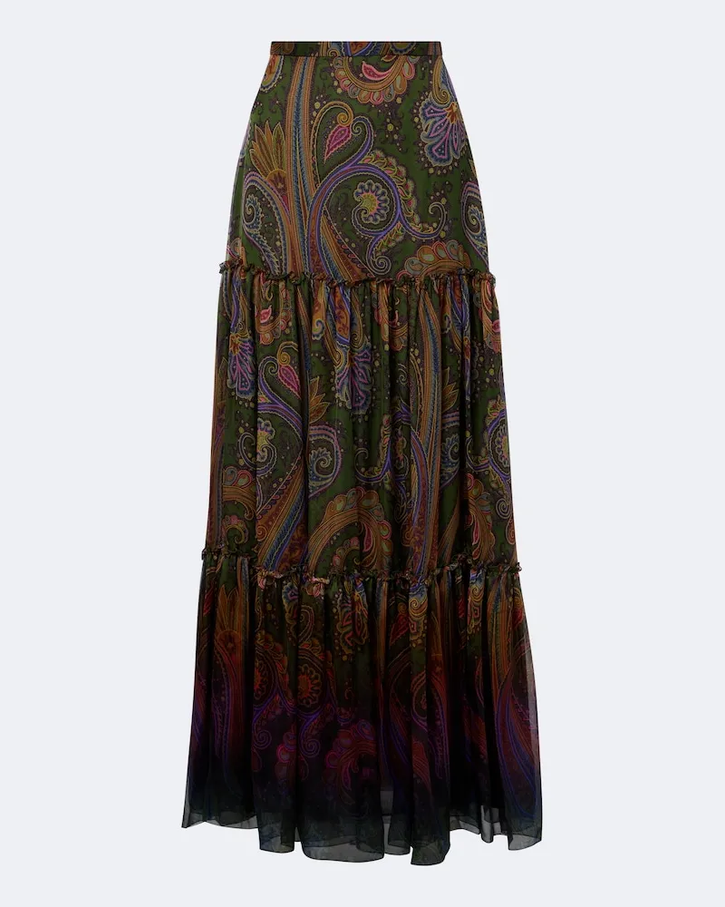 Etro Gonna lunga in seta paisley a balze Verde