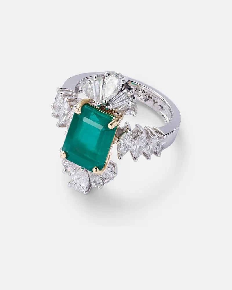 YEPREM Anello Reign Supreme in oro bianco 18kt con diamanti e smeraldo Argento
