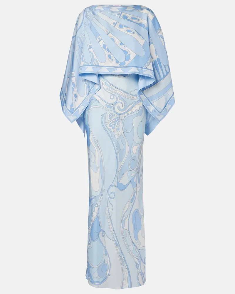 Emilio Pucci Abito lungo e mantella Orchidee Soleil in seta Blu