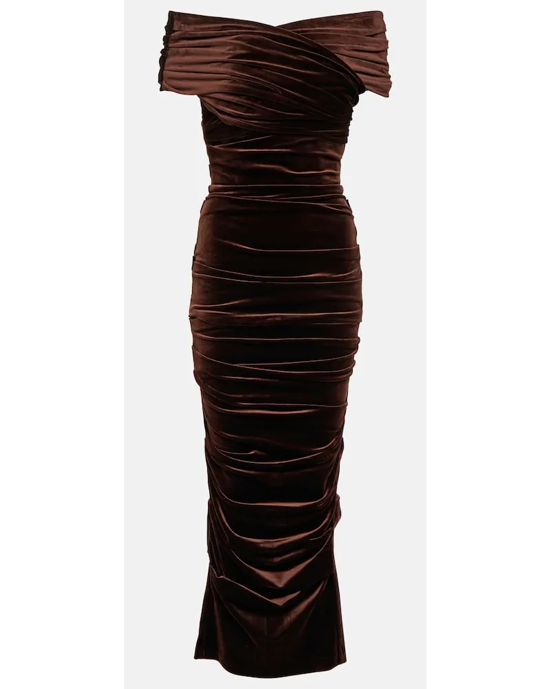 Alex Perry Abito midi con scollo bardot Marrone