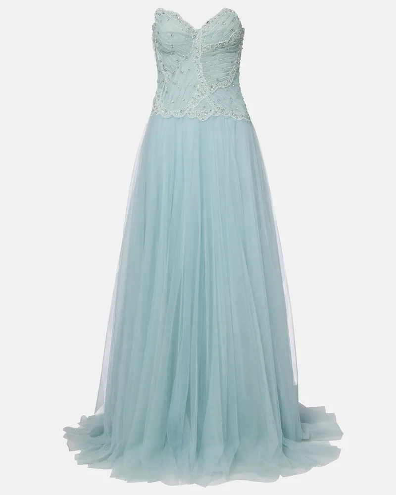 COSTARELLOS Abito lungo Vivienne in tulle con cristalli Blu