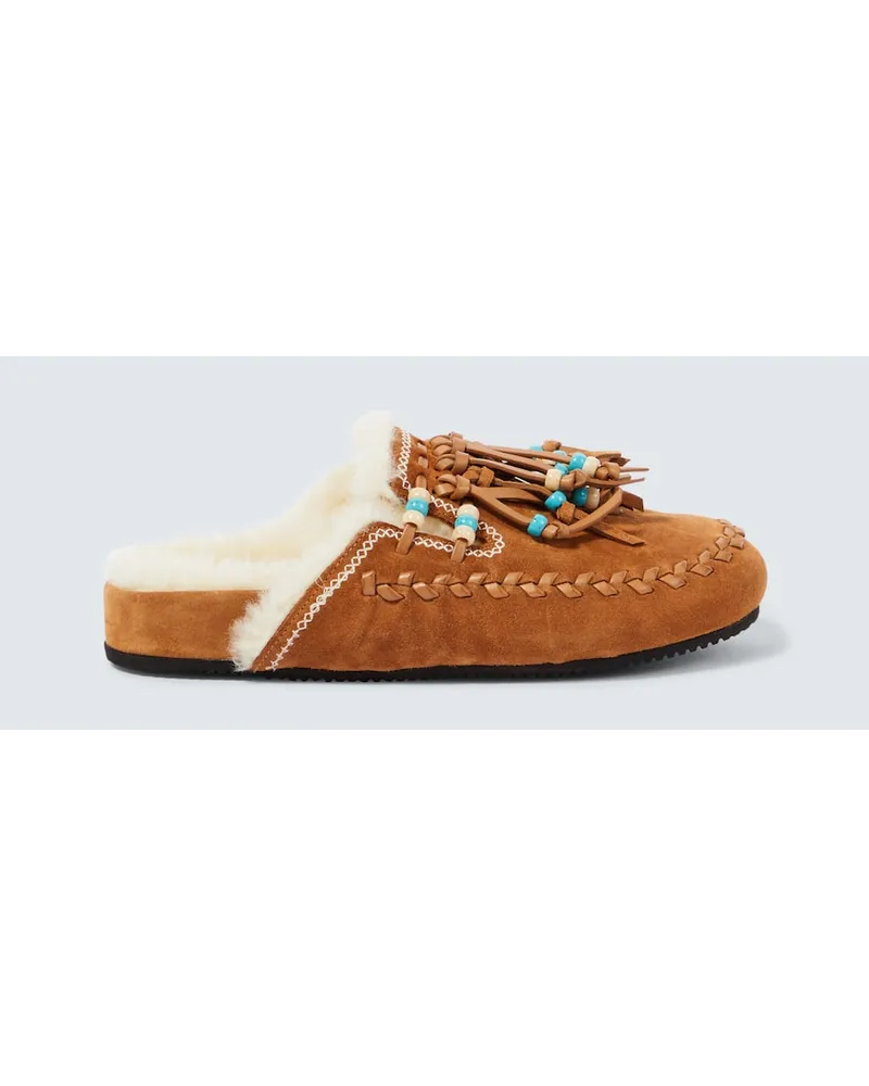 Alanui Slippers The Journey in suede con shearling Marrone