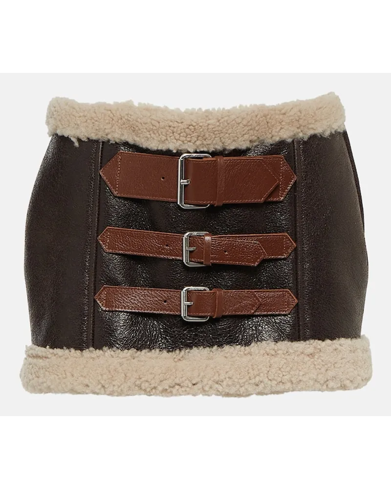 Blumarine Minigonna in pelle con shearling Marrone