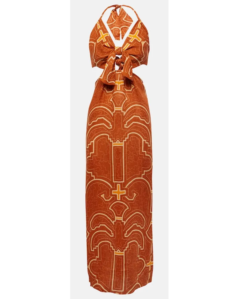 Johanna Ortiz Abito lungo in lino con cut-out e stampa Arancione