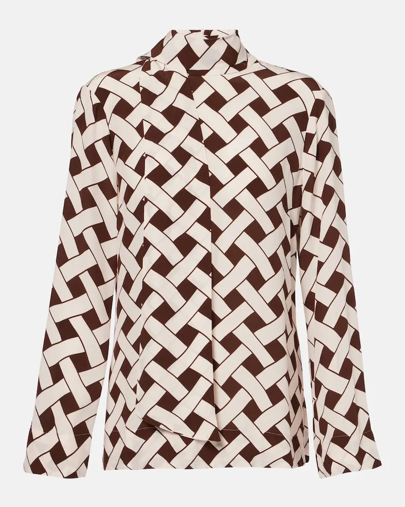 RIXO Blusa Libra con fiocco e stampa Marrone
