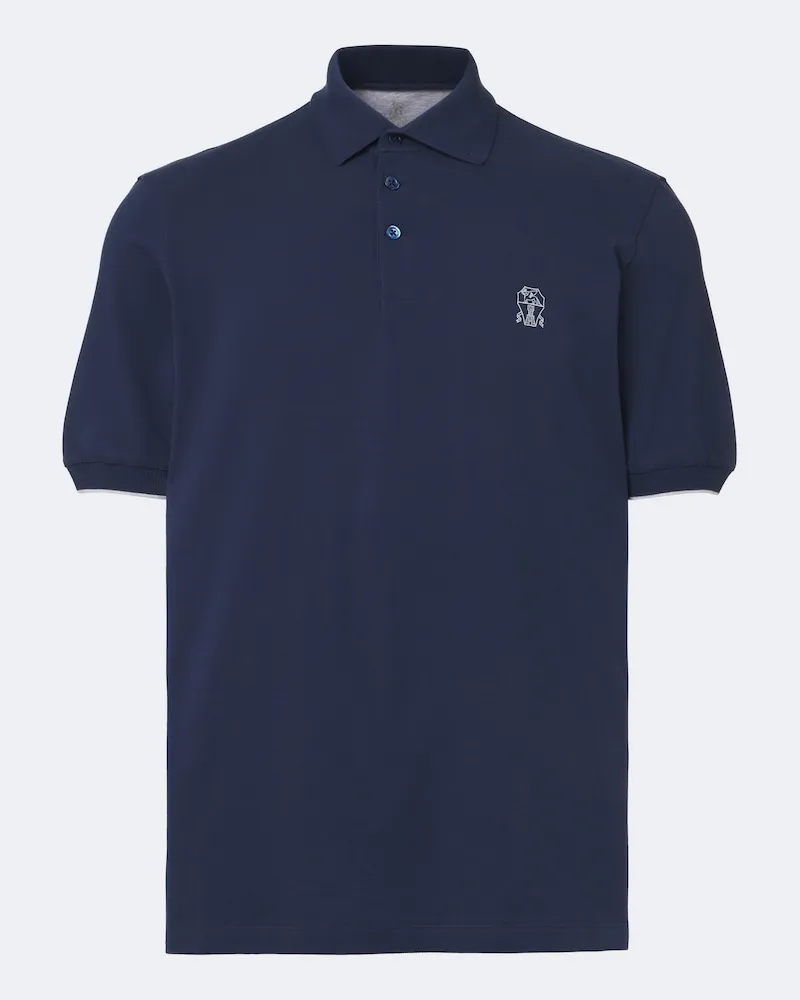 Brunello Cucinelli Polo in piqué di cotone con logo Blu