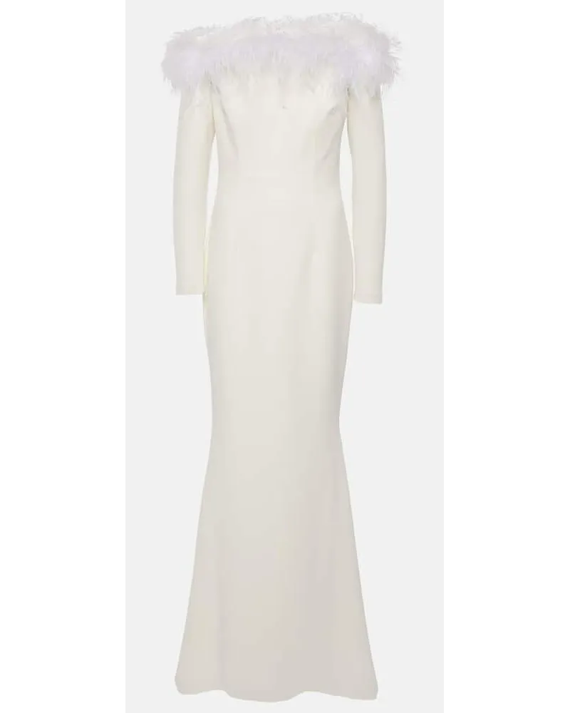 Safiyaa Bridal - Abito lungo Starlana in crÃªpe con piume Bianco