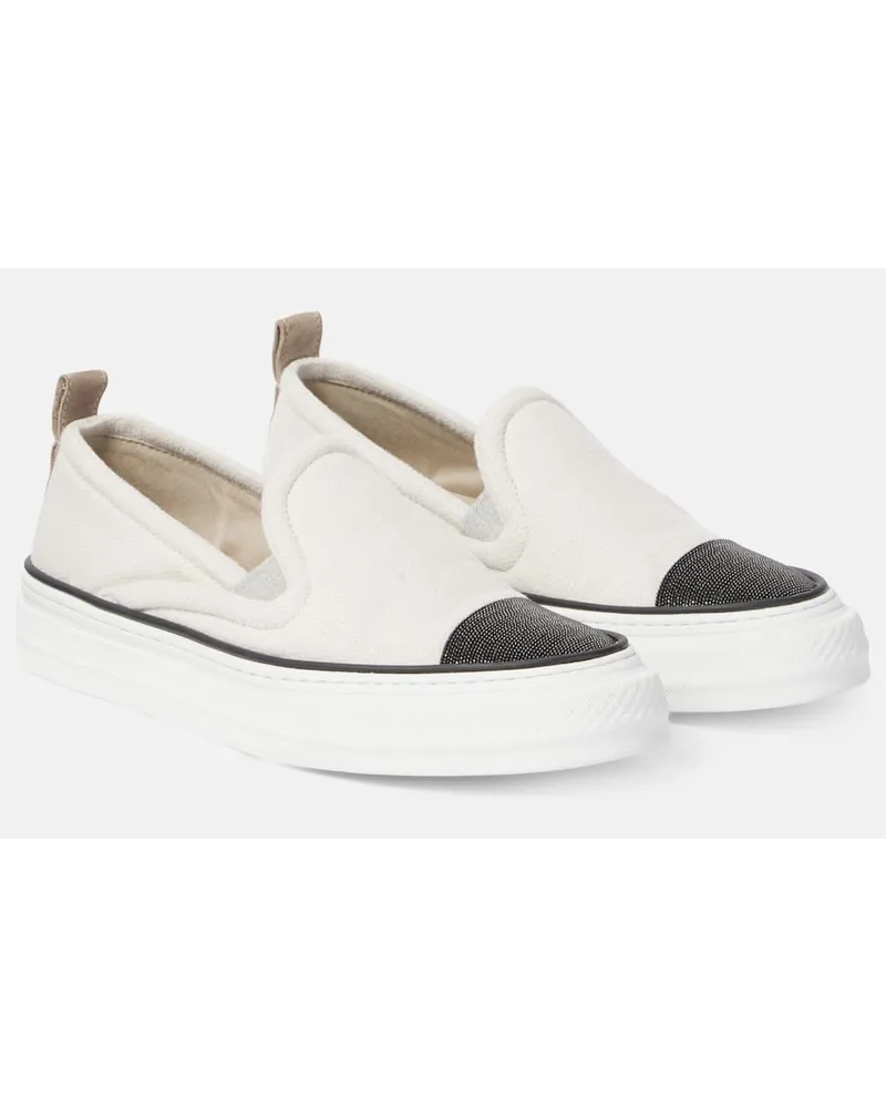 Brunello Cucinelli Slip-on in canvas con monili Bianco