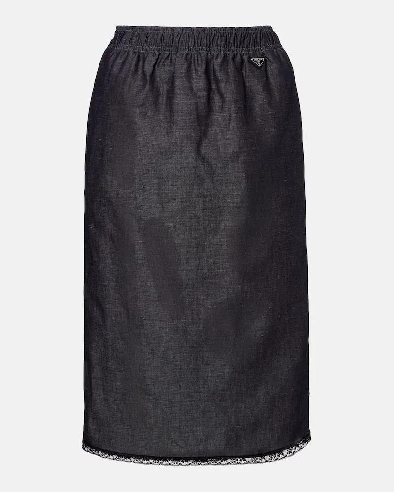 Prada Gonna midi in cotone e lino con pizzo Blu