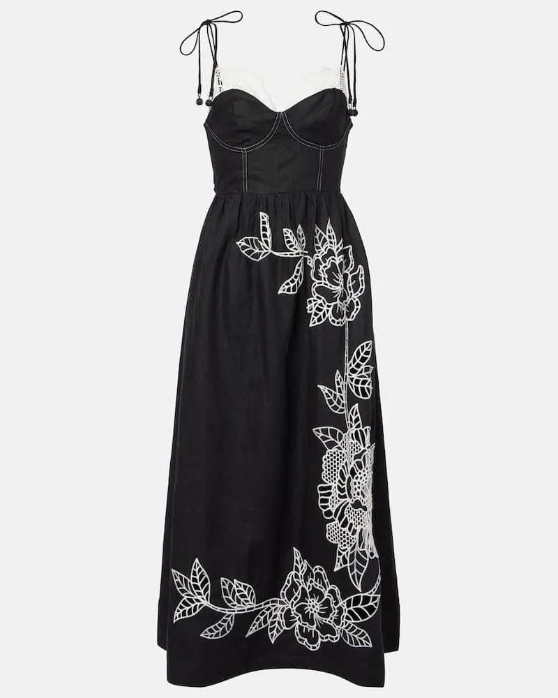 FARM Rio Abito midi in lino con pizzo Nero